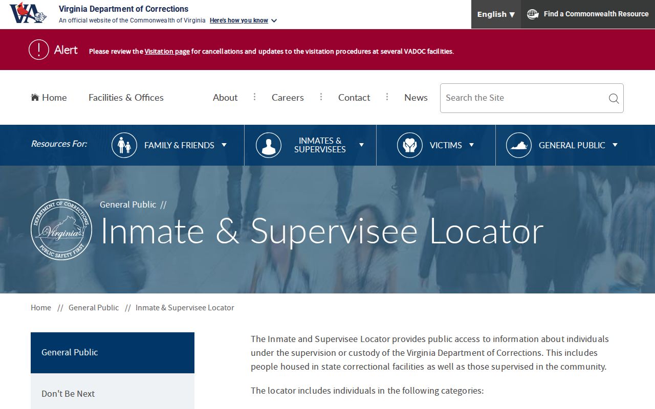 VADOC locator fields for Middlesex County arrest and custody research