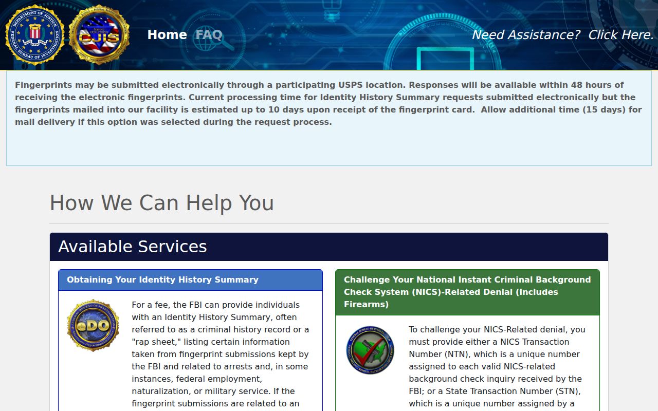Middlesex County criminal history FBI self-review ordering portal