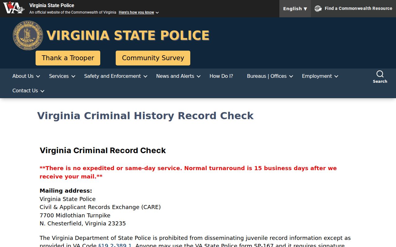 Middlesex County criminal history VSP background check instructions