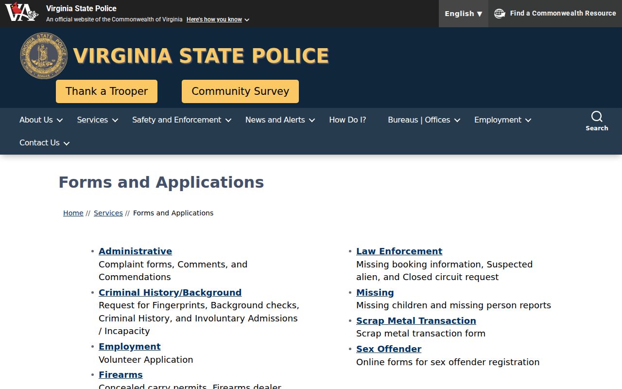 Middlesex County criminal record VSP forms directory